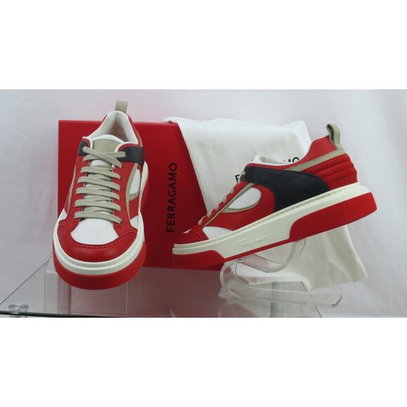 NIB FERRAGAMO CASSINA RED BLACK LEATHER LOGO LACE UP SNEAKERS 11 M ITALY - Picture 3 of 13